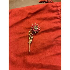 Vintage Antique Gold Tone Pin Brooch Single Flower Stem Leaf Pink Enamel Petals‎